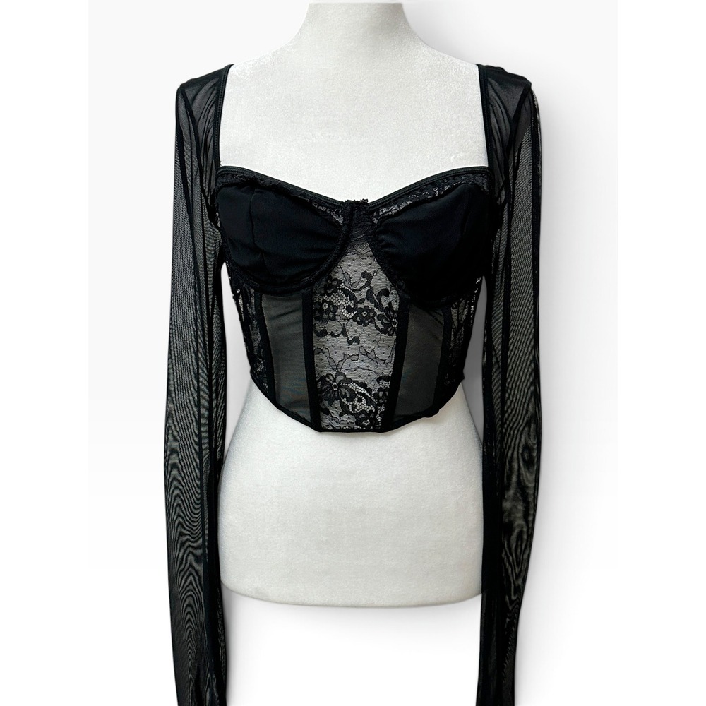 Feminine Corset Crop Top Women Small Black Lace Mesh Long Sleeve Goth Romantic